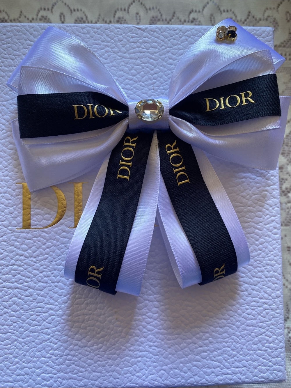 Handmade Dior Black and White Logo Ribbon Bow Hair Clip with Crystal Accent